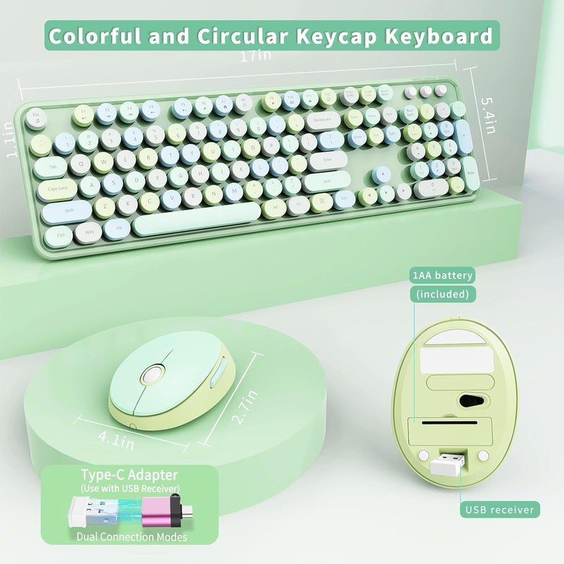 SkyGive Wireless Keyboard and Mouse Combo, Ergonomic Full Size Typewriter Retro Round Keycaps Keyboard, Compatible with Windows, PC, Perfer for Home and Office Keyboards (Green - Image 5